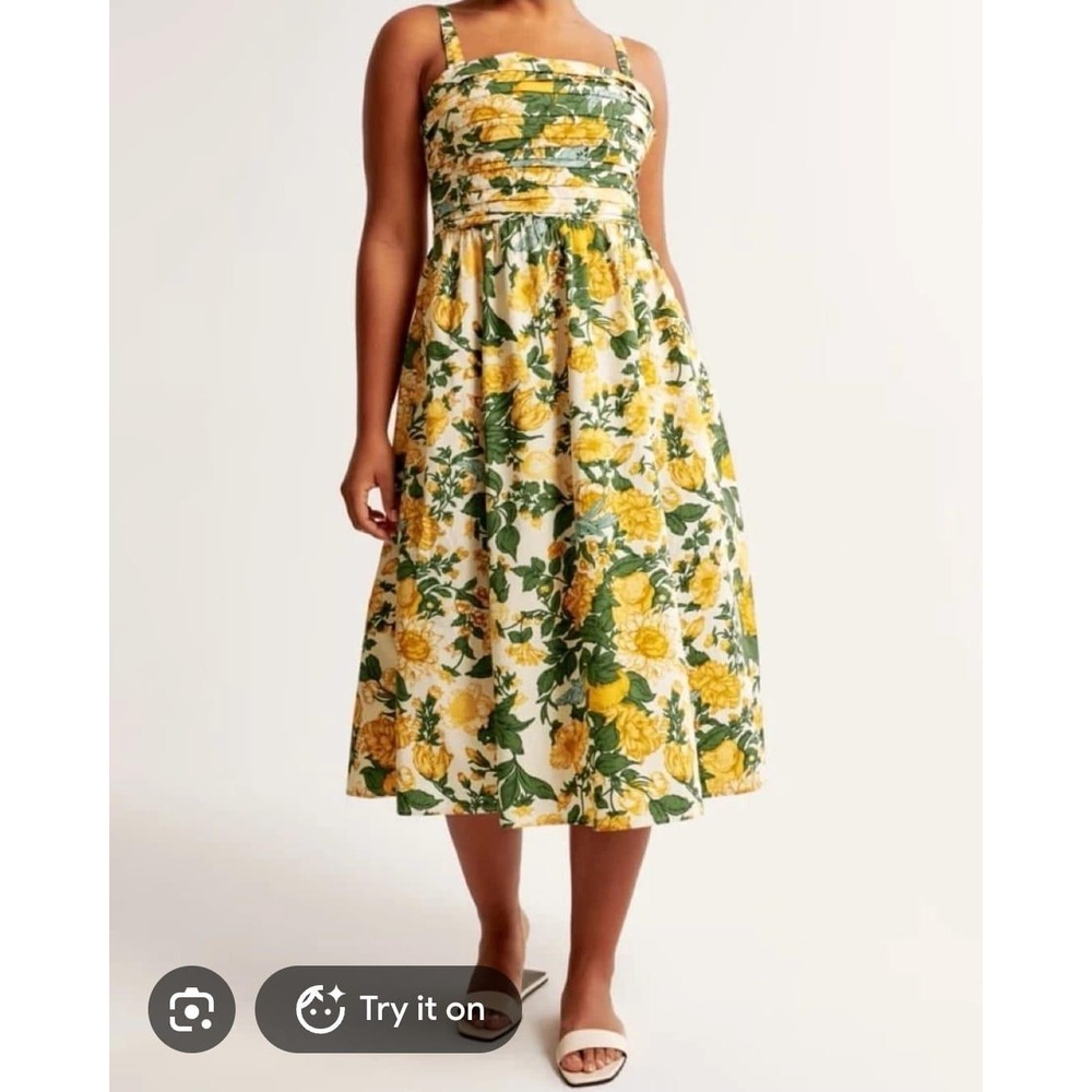 Abercrombie & Fitch Yellow Floral Butterfly Midi Dress Pockets Smocked Back M